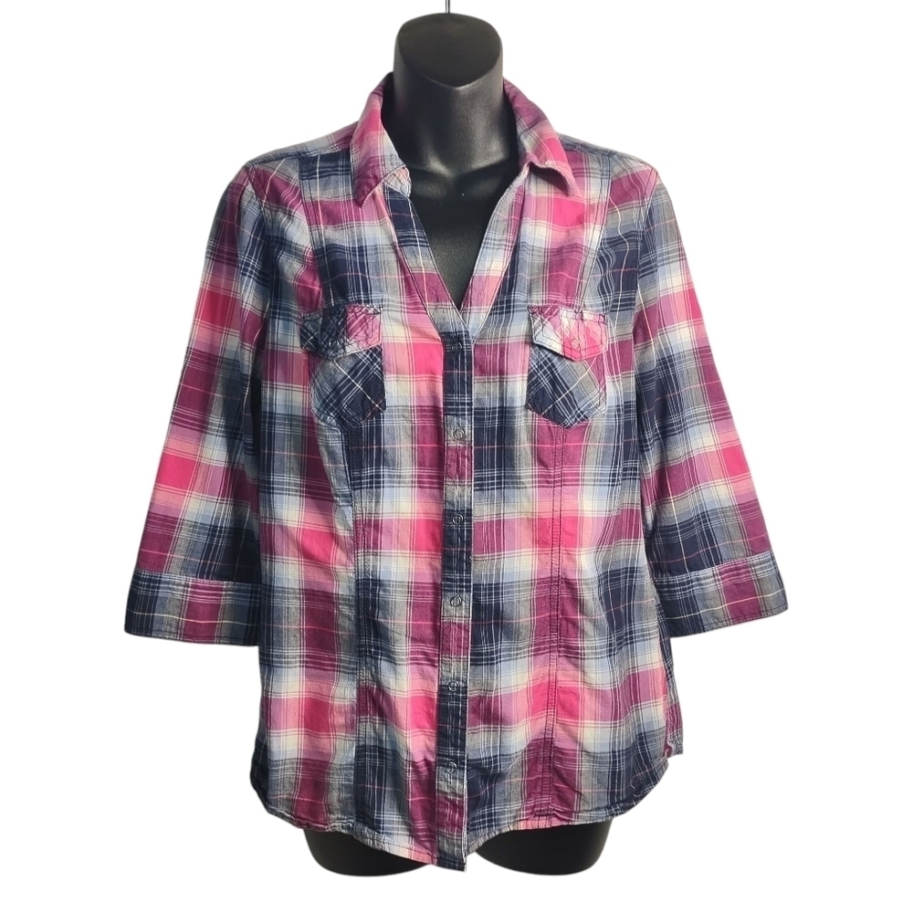 Arizona Jean Co Women's Plaid 3/4 Sleeve V-Neck Button Up Shirt Sz L/G